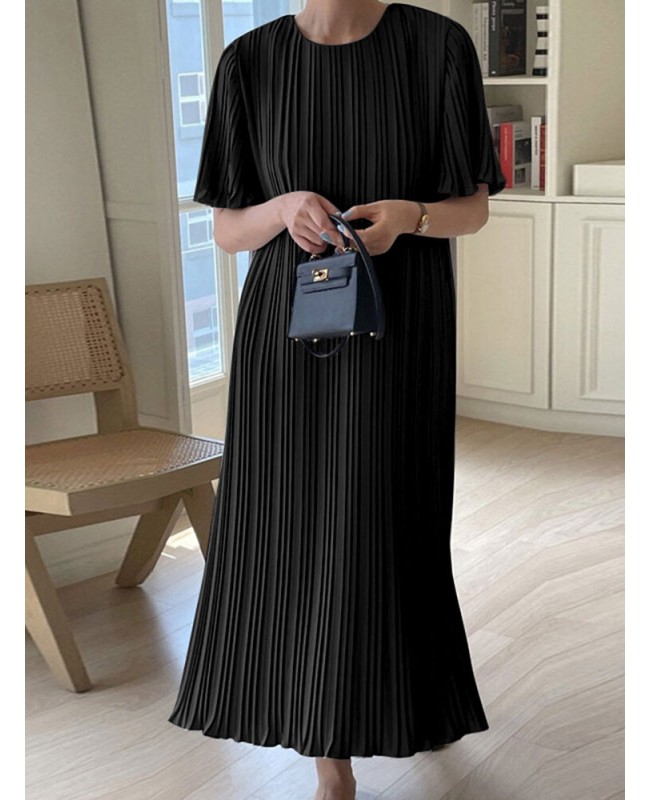 Solid Pleated Short Sleeve Crew Neck Casual Dress - Black S