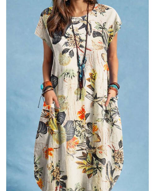 Plant Print Pocket Short Sleeve Casual Cotton Dres...