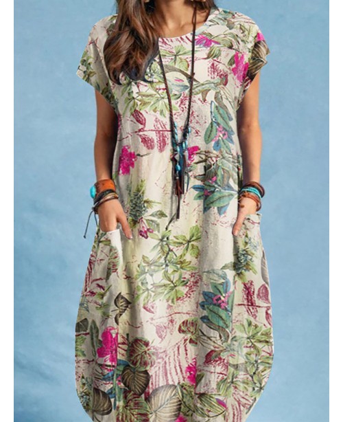 Plant Print Pocket Short Sleeve Casual Cotton Dres...