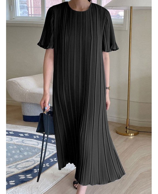 Solid Pleated Short Sleeve Crew Neck Casual Dress - Black S