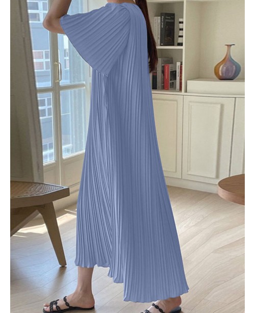Solid Pleated Short Sleeve Crew Neck Casual Dress ...