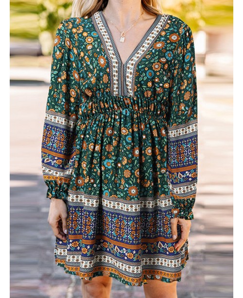 Ethnic Print Patchwork Lantern Sleeve Elastic Wais...