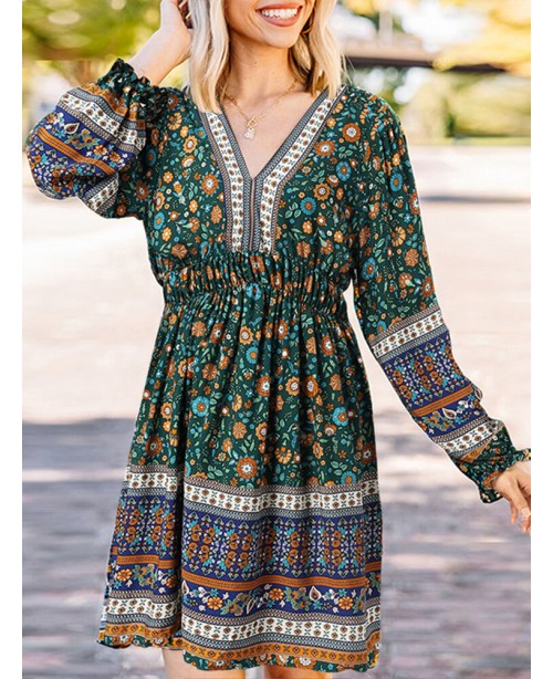 Ethnic Print Patchwork Lantern Sleeve Elastic Wais...