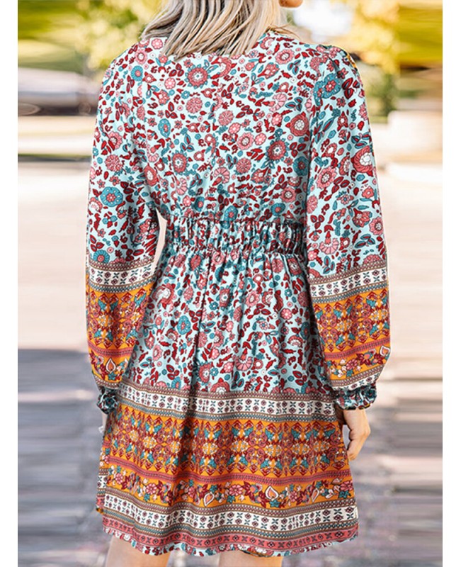 Ethnic Print Patchwork Lantern Sleeve Elastic Waist Midi Dress - Green S