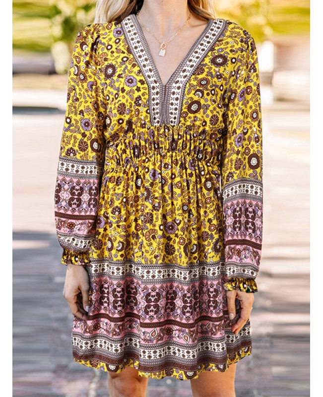 Ethnic Print Patchwork Lantern Sleeve Elastic Waist Midi Dress - Green S