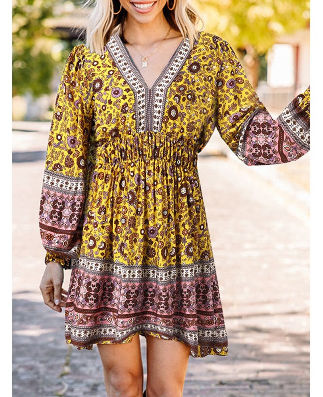 Ethnic Print Patchwork Lantern Sleeve Elastic Waist Midi Dress - Green S