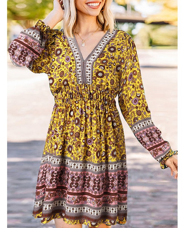 Ethnic Print Patchwork Lantern Sleeve Elastic Waist Midi Dress - Green S