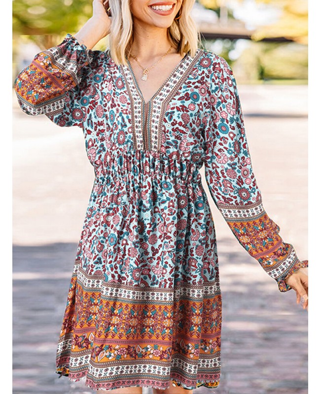 Ethnic Print Patchwork Lantern Sleeve Elastic Waist Midi Dress - Green S