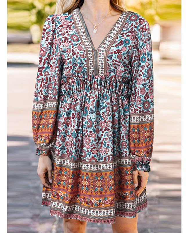 Ethnic Print Patchwork Lantern Sleeve Elastic Waist Midi Dress - Green S