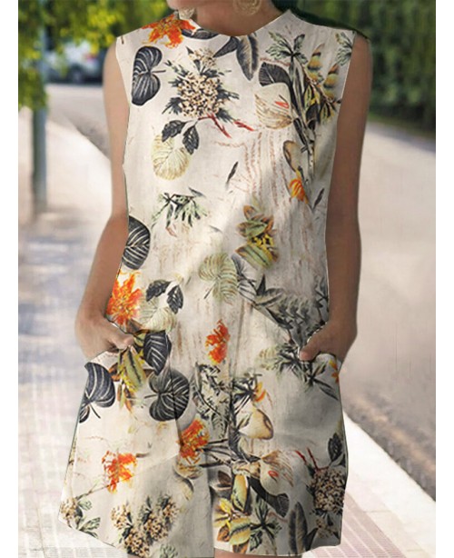 Cotton Plant Print Pocket Sleeveless Casual Print ...