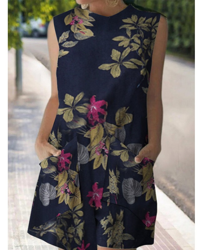 Cotton Plant Print Pocket Sleeveless Casual Print Dress - Yellow S
