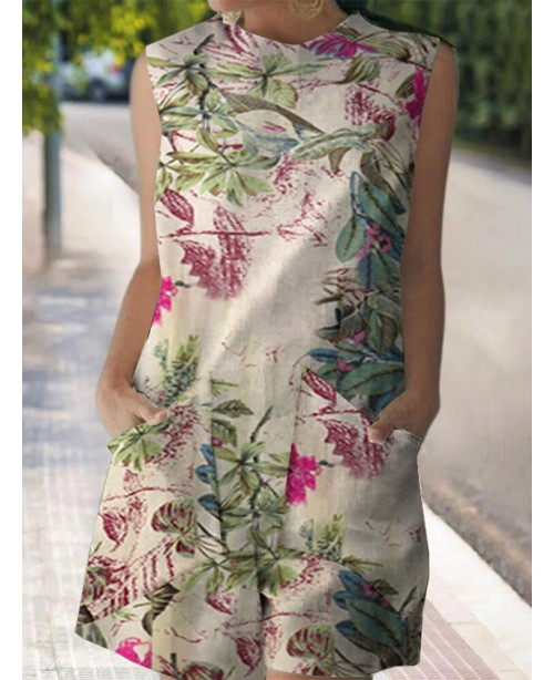 Cotton Plant Print Pocket Sleeveless Casual Print ...