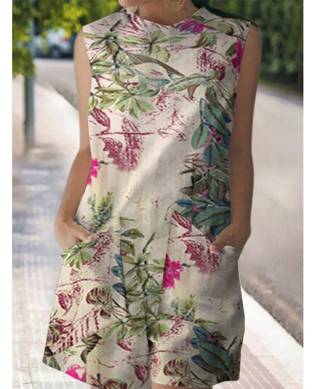 Cotton Plant Print Pocket Sleeveless Casual Print Dress - Yellow S