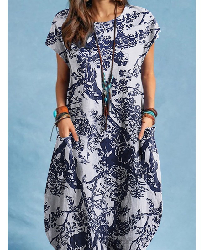 Plant Print Pocket Short Sleeve Casual Cotton Dress - Navy M