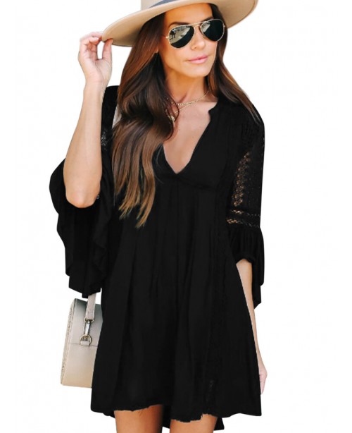 Lace Solid European Style Summer Holiday Loose Dre...