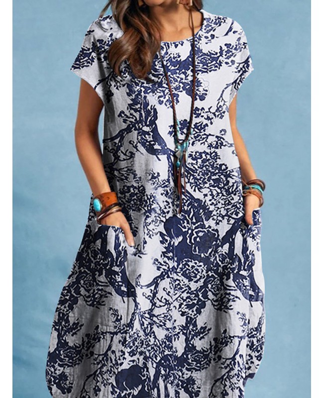 Plant Print Pocket Short Sleeve Casual Cotton Dress - Navy M