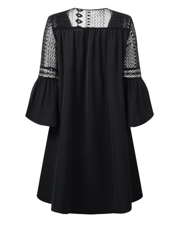 Lace Solid European Style Summer Holiday Loose Dress - White S