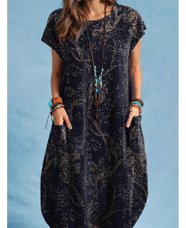 Plant Print Pocket Short Sleeve Casual Cotton Dress - Navy M