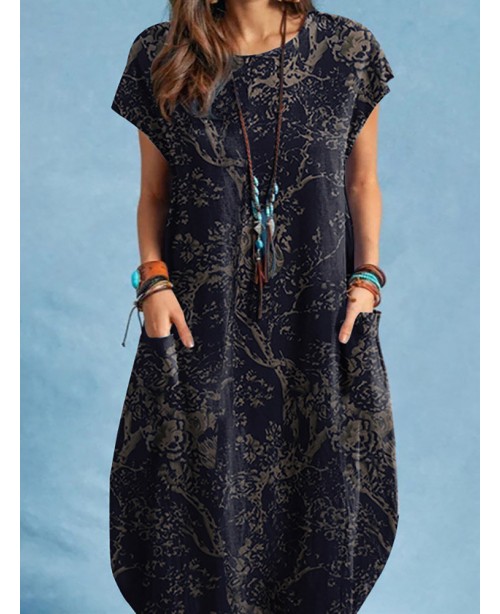 Plant Print Pocket Short Sleeve Casual Cotton Dres...