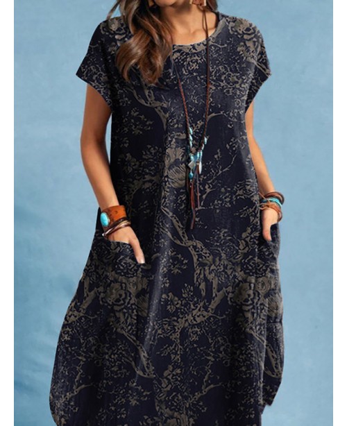 Plant Print Pocket Short Sleeve Casual Cotton Dres...