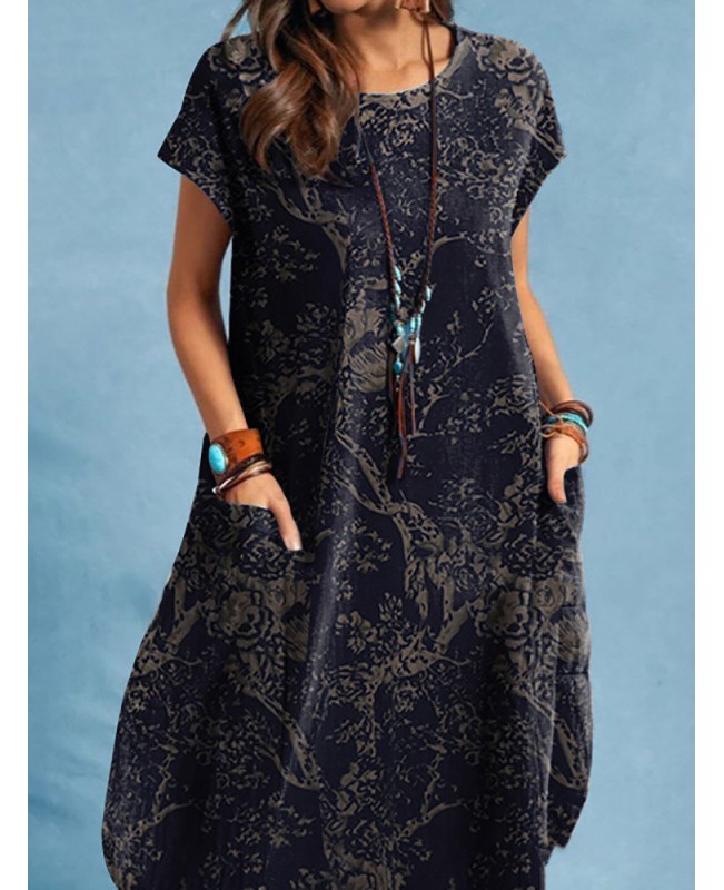 Plant Print Pocket Short Sleeve Casual Cotton Dress - Navy M