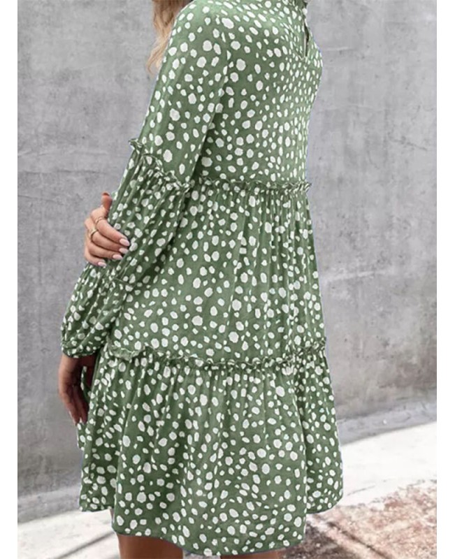 Women Bohemian Retro Knee Length Polka Dots Casual Midi Dresses - Black S