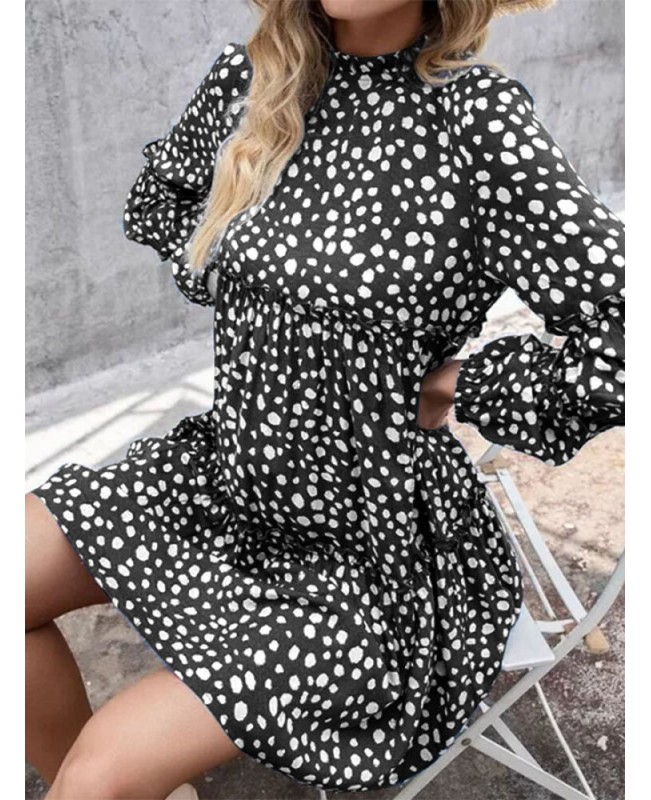 Women Bohemian Retro Knee Length Polka Dots Casual Midi Dresses - Black S
