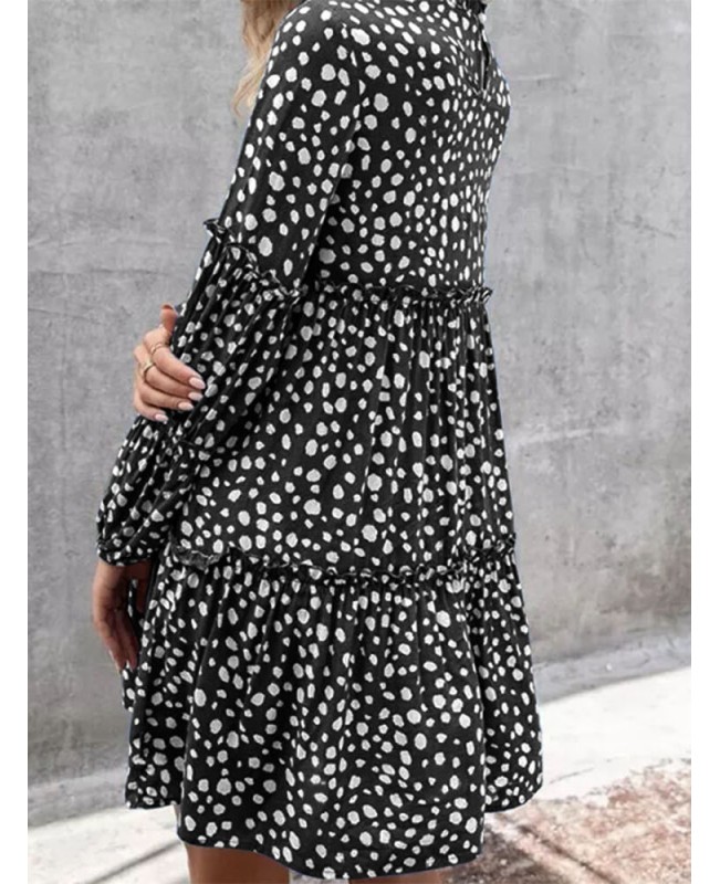 Women Bohemian Retro Knee Length Polka Dots Casual Midi Dresses - Black S