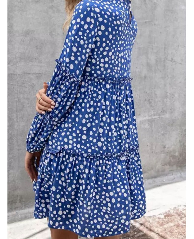 Women Bohemian Retro Knee Length Polka Dots Casual Midi Dresses - Black S