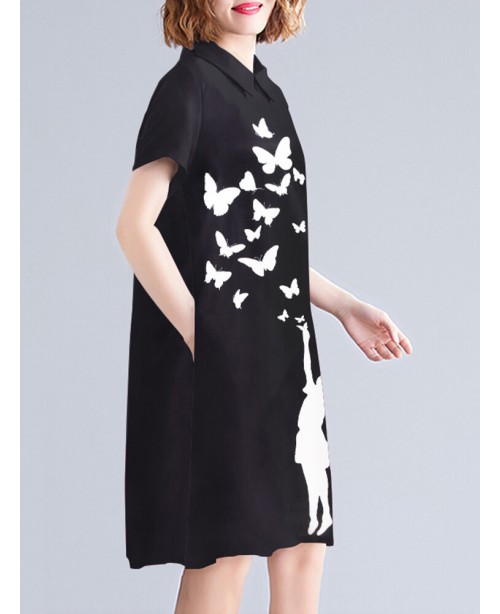 Figure Butterfly Pattern Pocket Short Sleeve Casua...