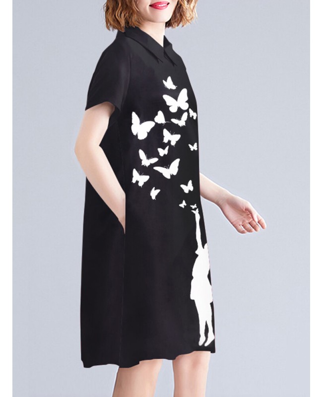 Figure Butterfly Pattern Pocket Short Sleeve Casual Midi Dress - Black S