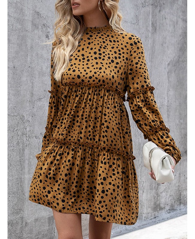 Women Bohemian Retro Knee Length Polka Dots Casual Midi Dresses - Black S