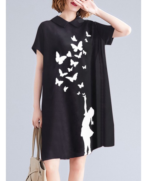 Figure Butterfly Pattern Pocket Short Sleeve Casua...