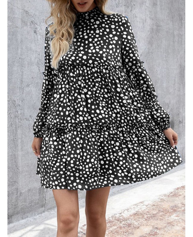 Women Bohemian Retro Knee Length Polka Dots Casual Midi Dresses - Black S