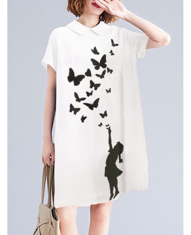 Figure Butterfly Pattern Pocket Short Sleeve Casual Midi Dress - Black S