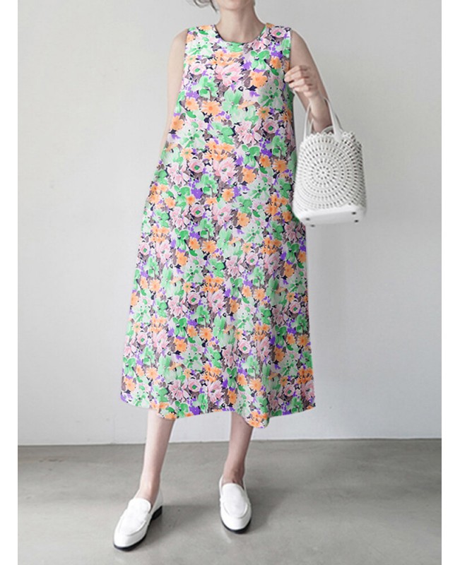 Calico Sleeveless Round Neck Print Dress - Blue 4XL