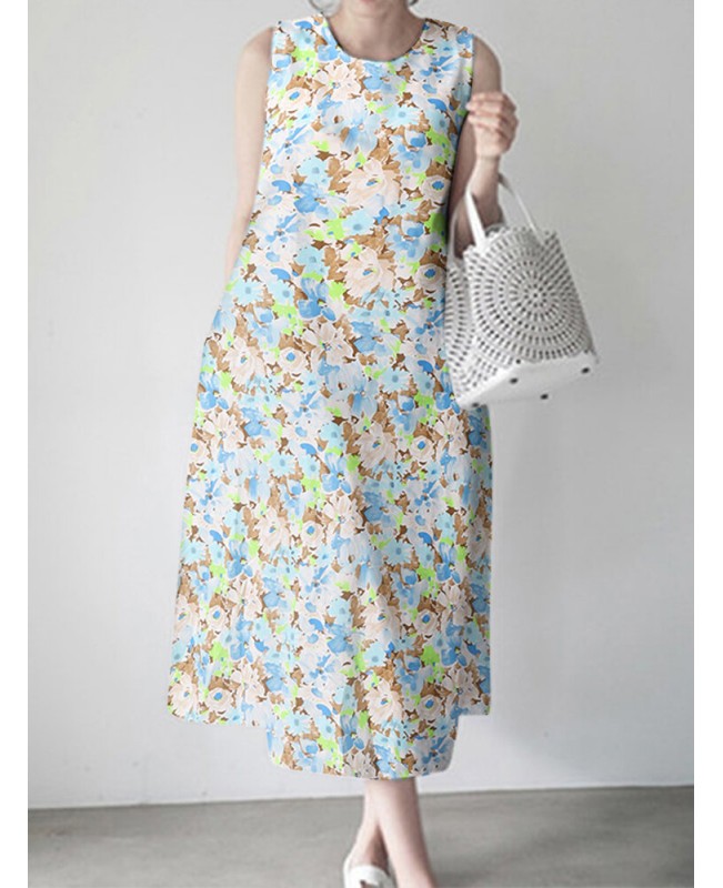 Calico Sleeveless Round Neck Print Dress - Blue 4XL