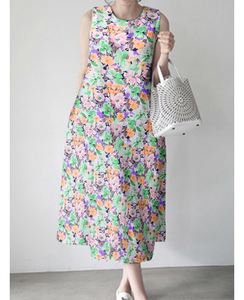 Calico Sleeveless Round Neck Print Dress - Blue 4X...