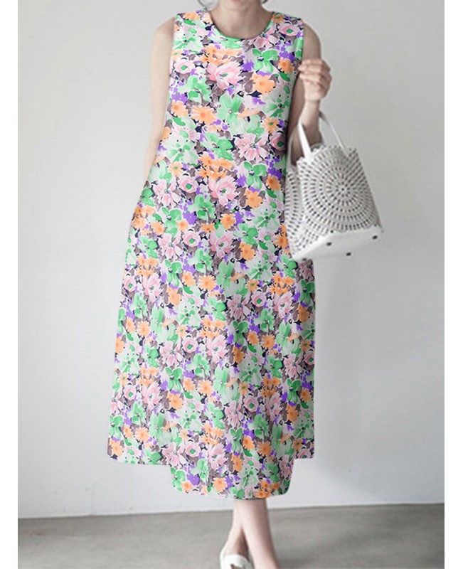 Calico Sleeveless Round Neck Print Dress - Blue 4XL