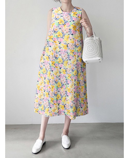 Calico Sleeveless Round Neck Print Dress - Blue 4X...