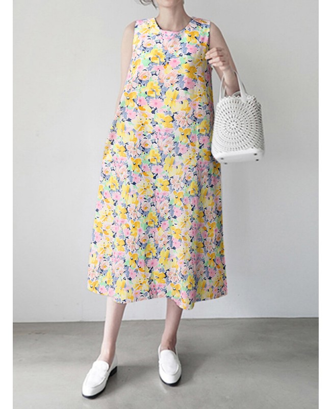 Calico Sleeveless Round Neck Print Dress - Blue 4XL