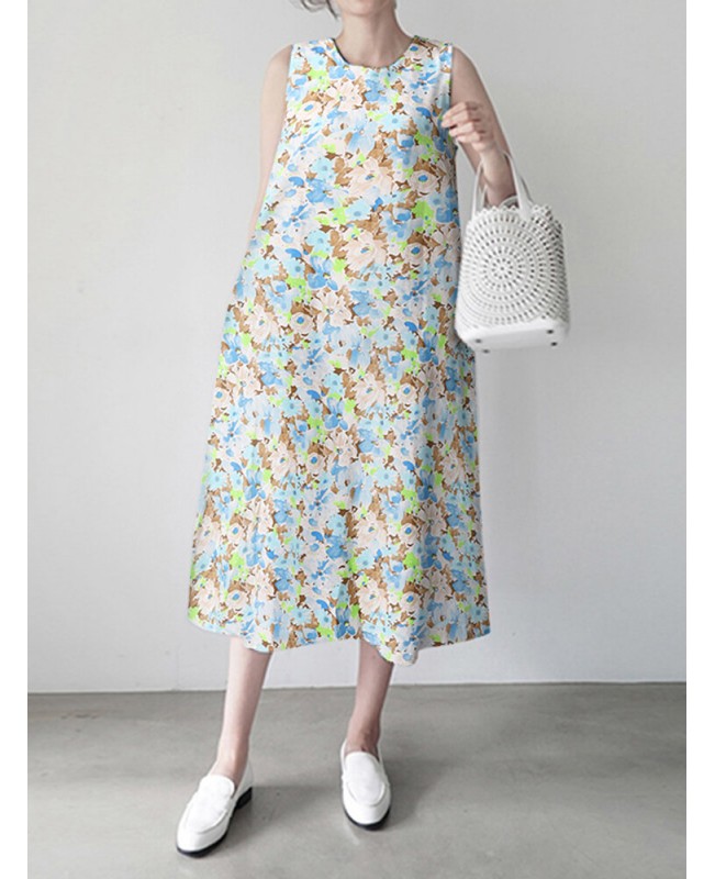 Calico Sleeveless Round Neck Print Dress - Blue 4XL