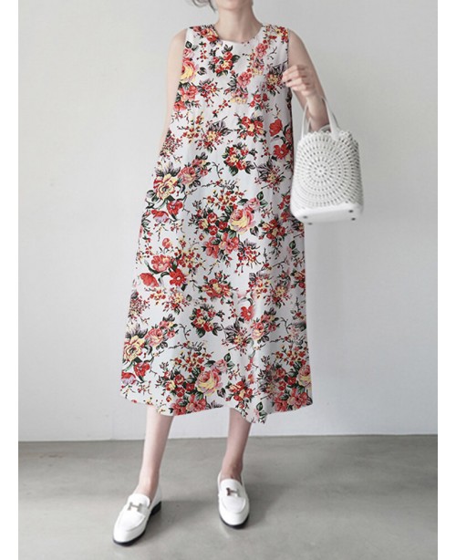 Flower Print Sleeveless Round Neck Print Dress - w...