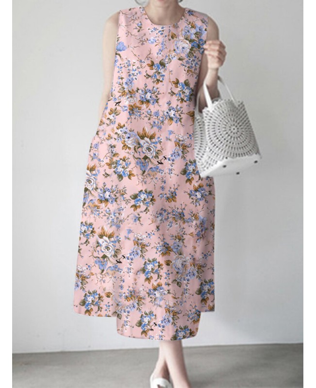 Flower Print Sleeveless Round Neck Print Dress - white 3XL