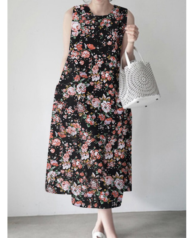 Flower Print Sleeveless Round Neck Print Dress - white 3XL