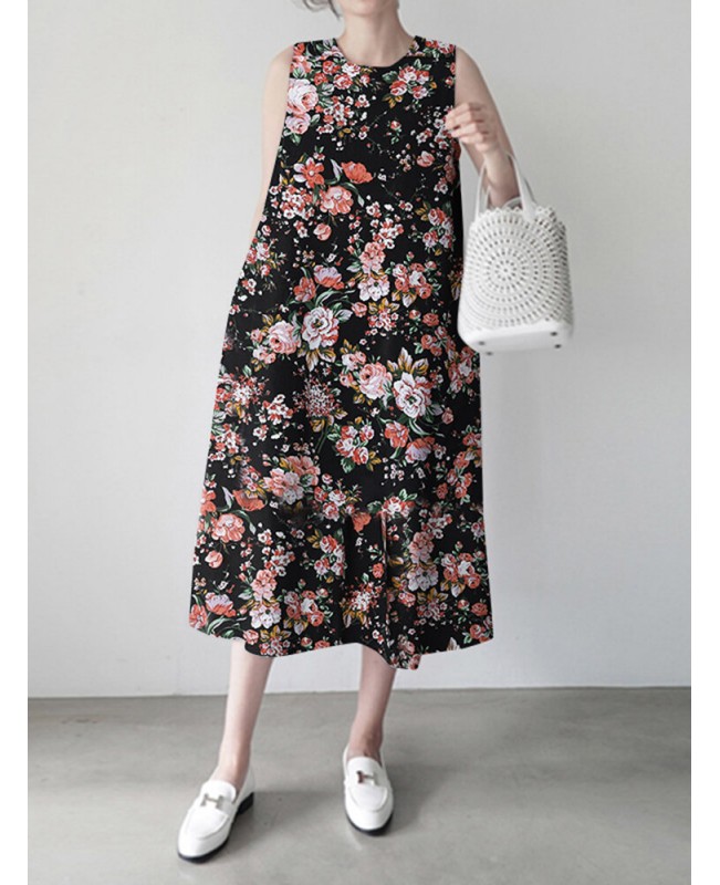 Flower Print Sleeveless Round Neck Print Dress - white 3XL