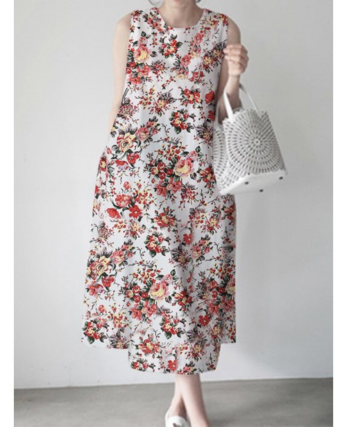 Flower Print Sleeveless Round Neck Print Dress - w...