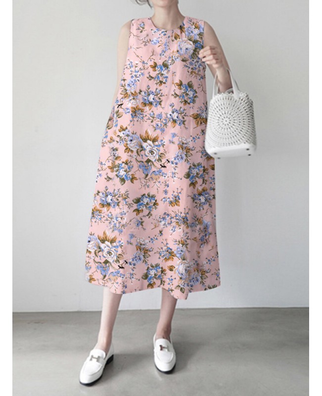 Flower Print Sleeveless Round Neck Print Dress - white 3XL