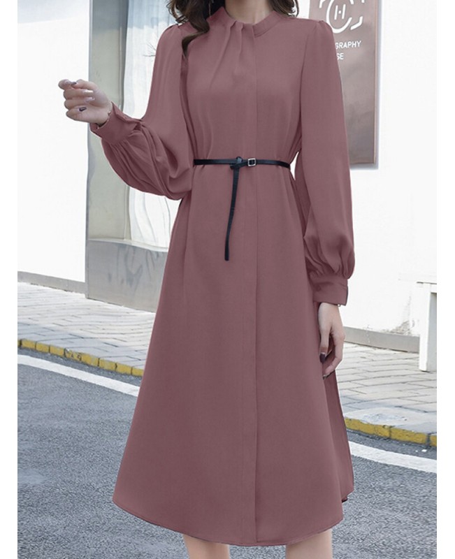 Solid Color Long Sleeve O-neck Puff Dress - Black 3XL