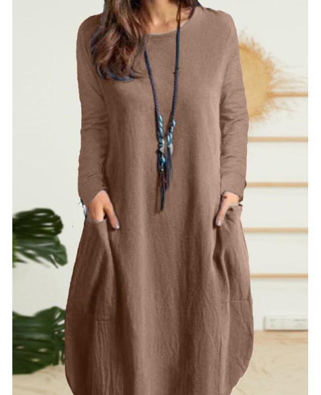 Solid Dual Pocket Long Sleeve Crew Neck Vintage Dress - Black S